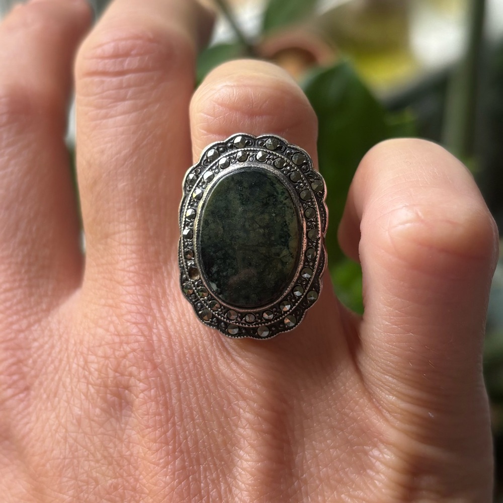 Sterling Silver Green Stone & Marcasite Ring